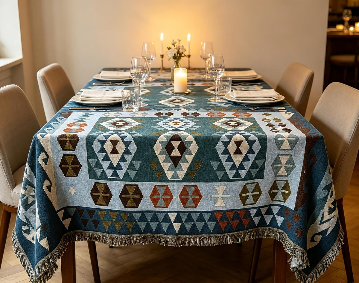 Luxlovery Aztec Sofa Throw Blankets Blue Ethnic Woven Boho Dusty Blue Color Bohemian Woven Throw Blanket for Couch Aztec Bed Throws Oversized Chair Sofa Cover with Tassels(63"x102")