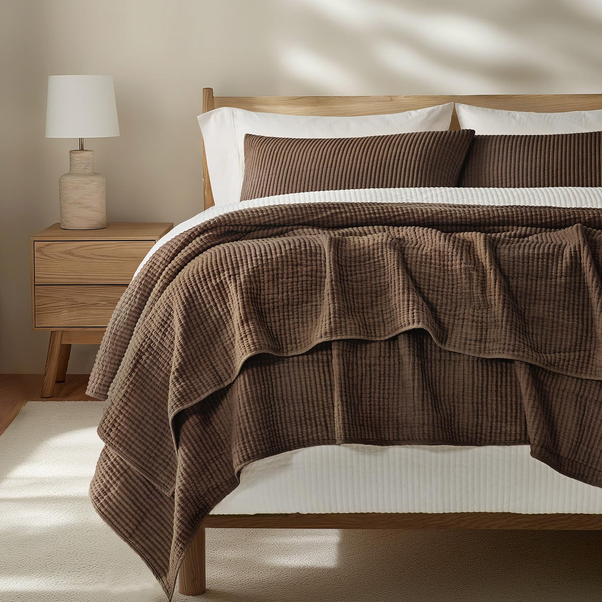 EVERGRACEHOME Cotton Ribbed Matelassé Coverlet Set, Queen Size, Ivory White