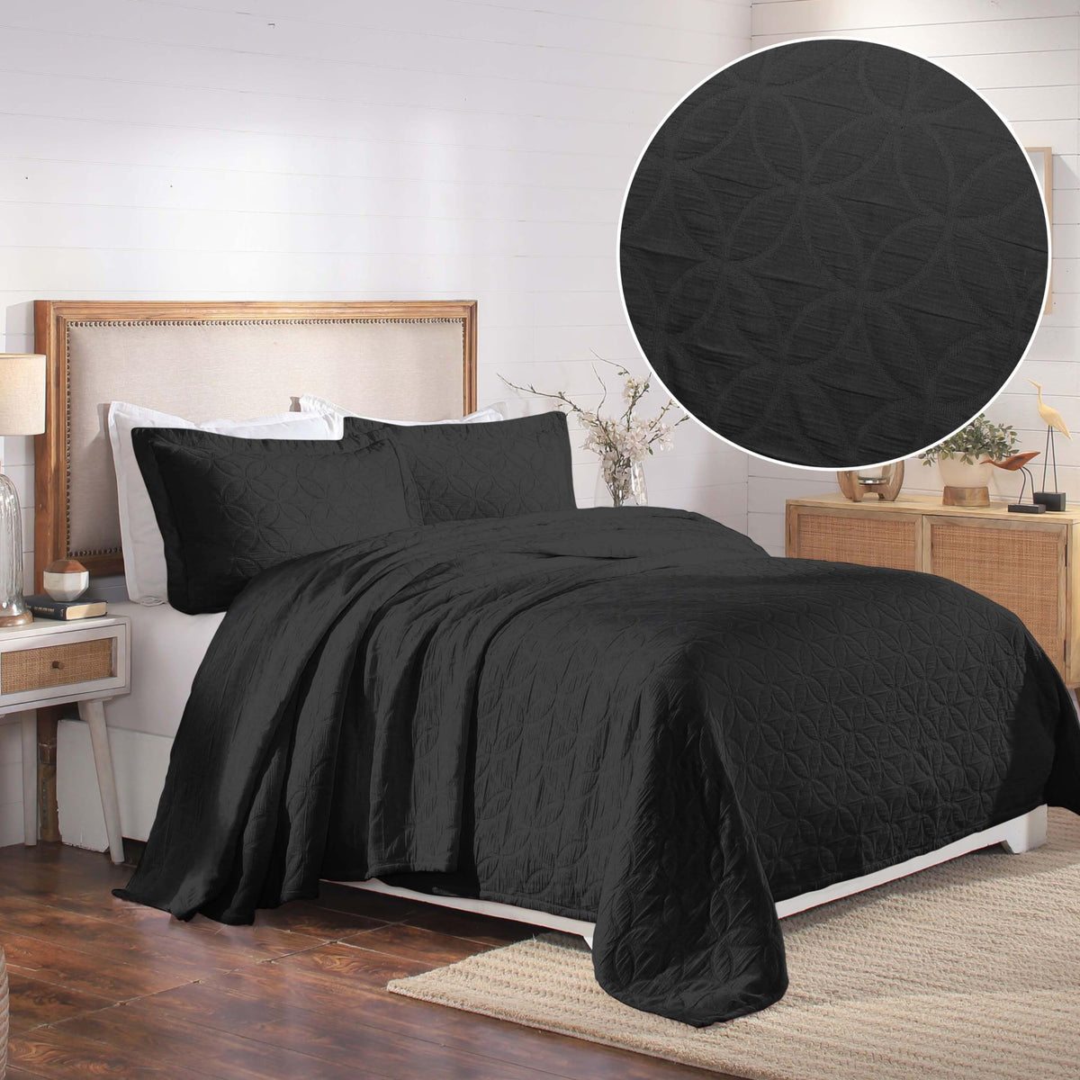 SUPERIOR Cotton 3-Piece Bedspread Set, 1 Medium Weight Bedspread, 2 Pillow Shams, Home Bed Decor, Warm Bedding, Matelasse Woven Oversized Blanket, Geometric Circles, Serenity Collection, King, Linen