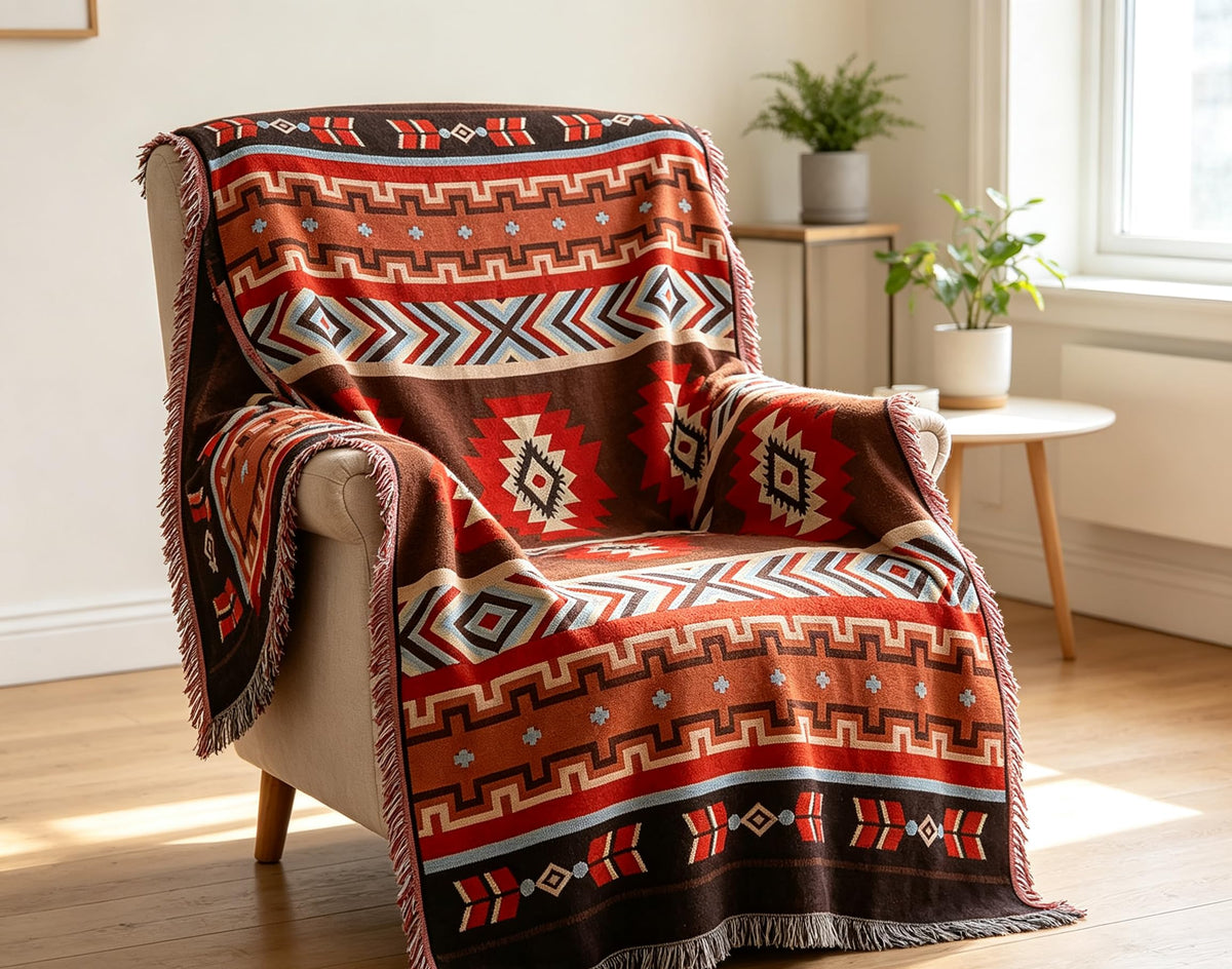 Luxlovery Aztec Sofa Throw Blankets Blue Ethnic Woven Boho Dusty Blue Color Bohemian Woven Throw Blanket for Couch Aztec Bed Throws Oversized Chair Sofa Cover with Tassels(63"x102")