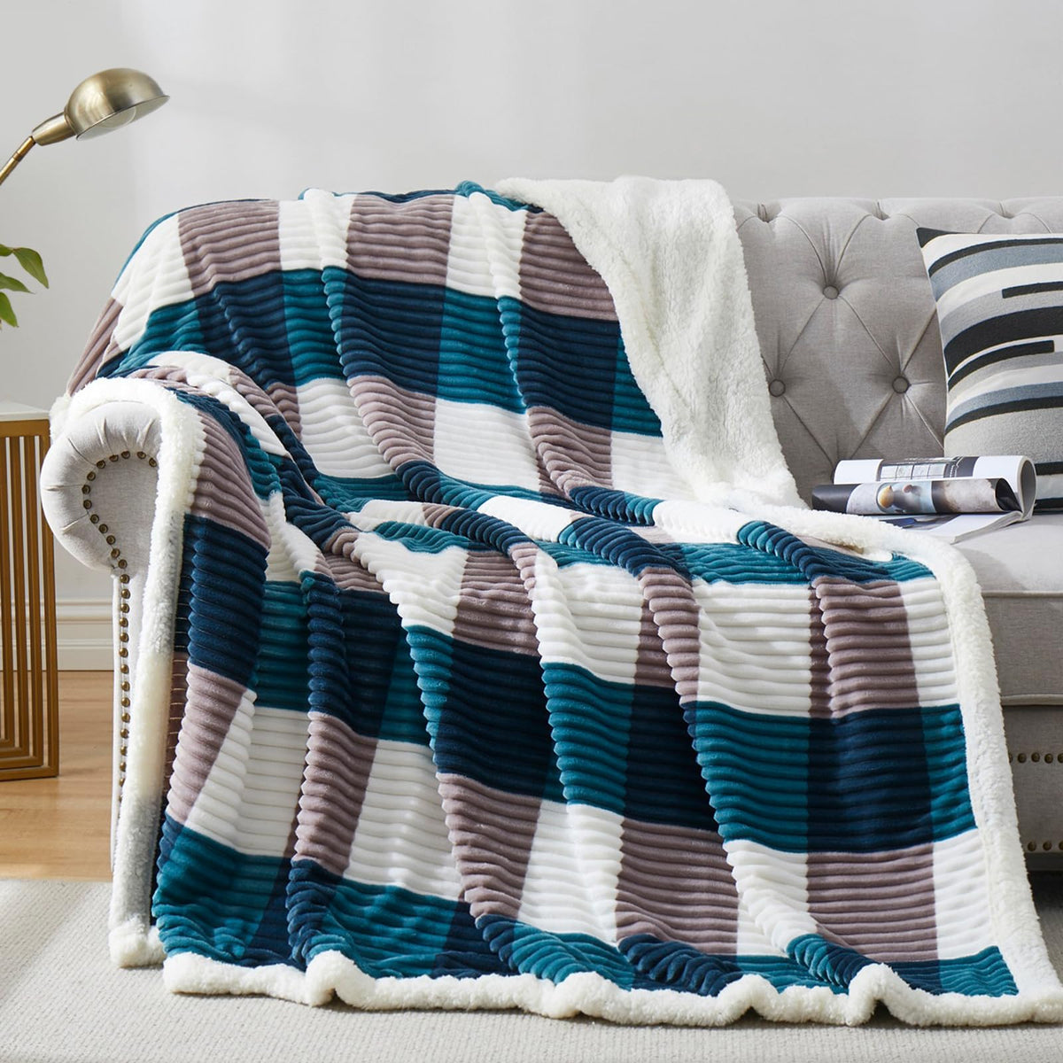 PU MEI Sherpa Fleece Throw Blanket 60" x 80" Reversible Plush Fluffy Large Big Blanket Lattice Flannel Blankets for Sofa Couch Bed (Grey-Soft Blue, 60"*80")