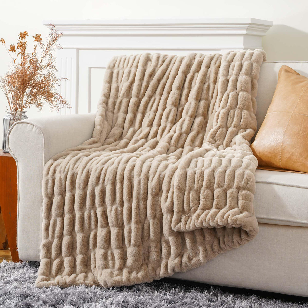 BATTILO Soft Ivory Faux Fur Throw Blanket for Couch, 50"x60", Double Side
