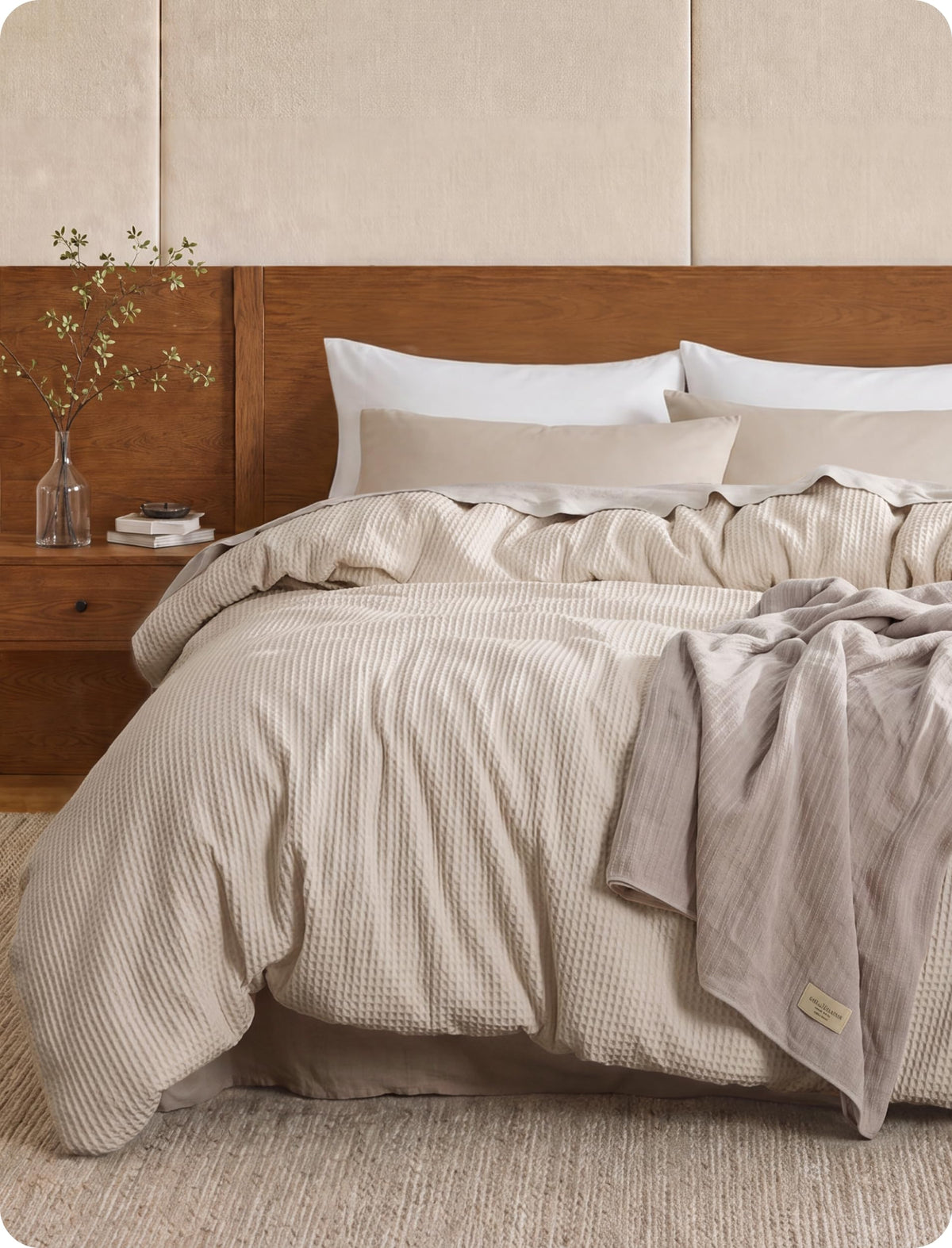 Bedsure PureWoven 3 Pieces 100% Cotton Waffle Duvet Cover Set, Queen, Linen