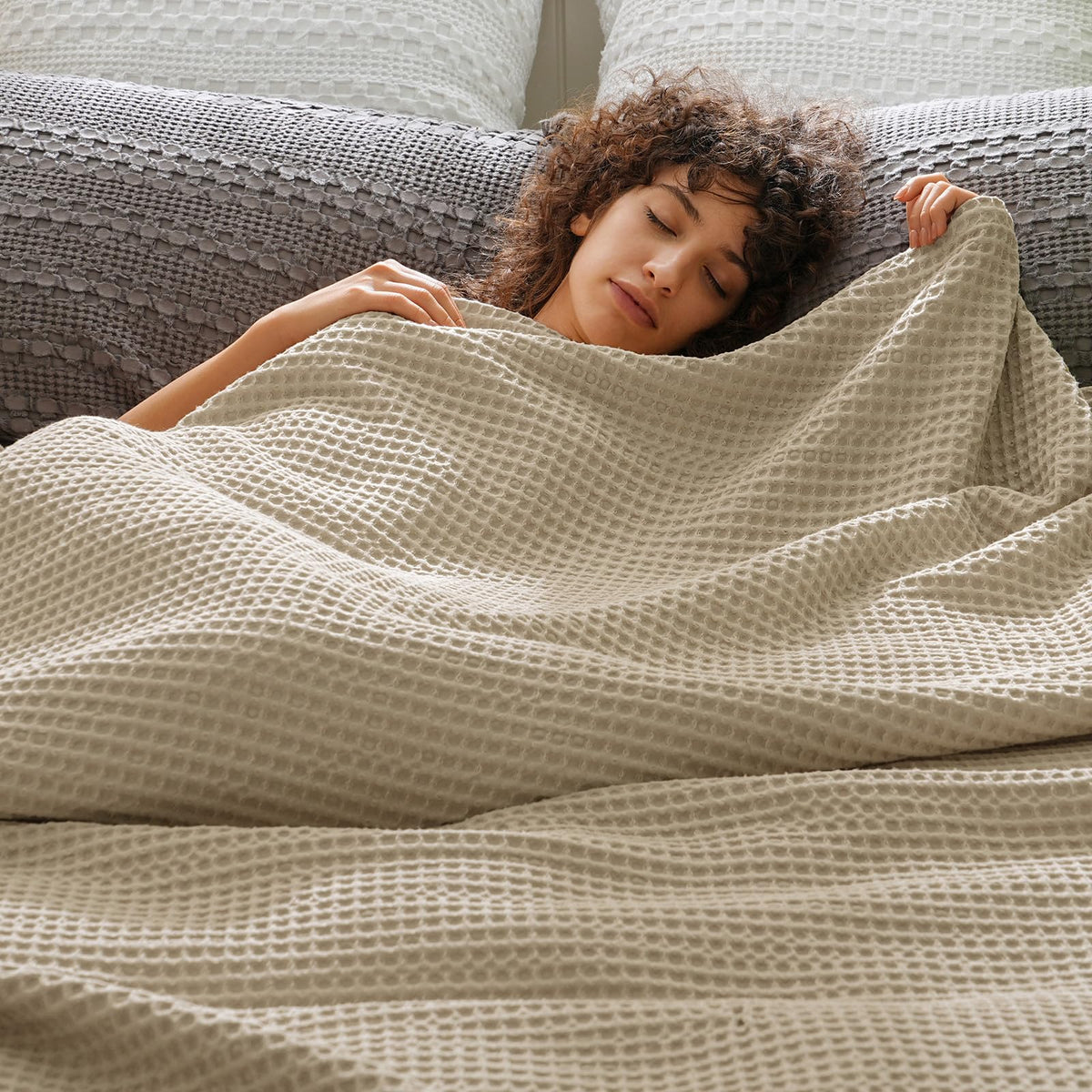 PHF Ultra Soft Waffle Weave Blanket for Bed, Queen Size, Light Khaki/Linen