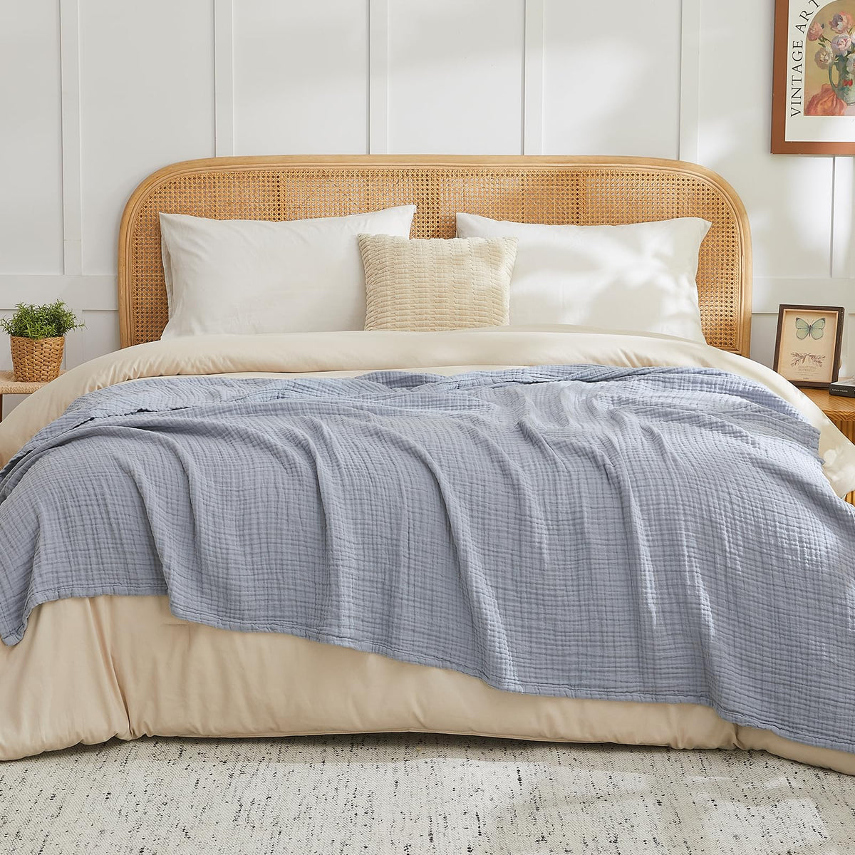 EMME Cotton Blanket King Size for Bed Soft Muslin Blankets 108"x90" Beige Lightweight Breathable Layering Bedspread Coverlet All Season Gauze