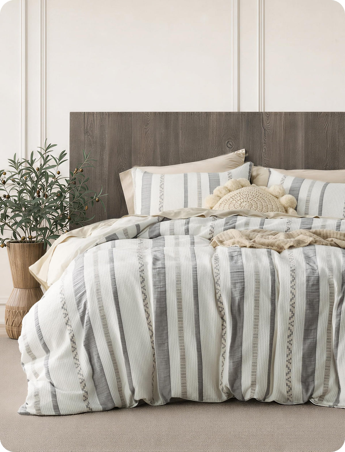 Bedsure PureWoven 3 Pieces 100% Cotton Waffle Duvet Cover Set, Queen, Linen
