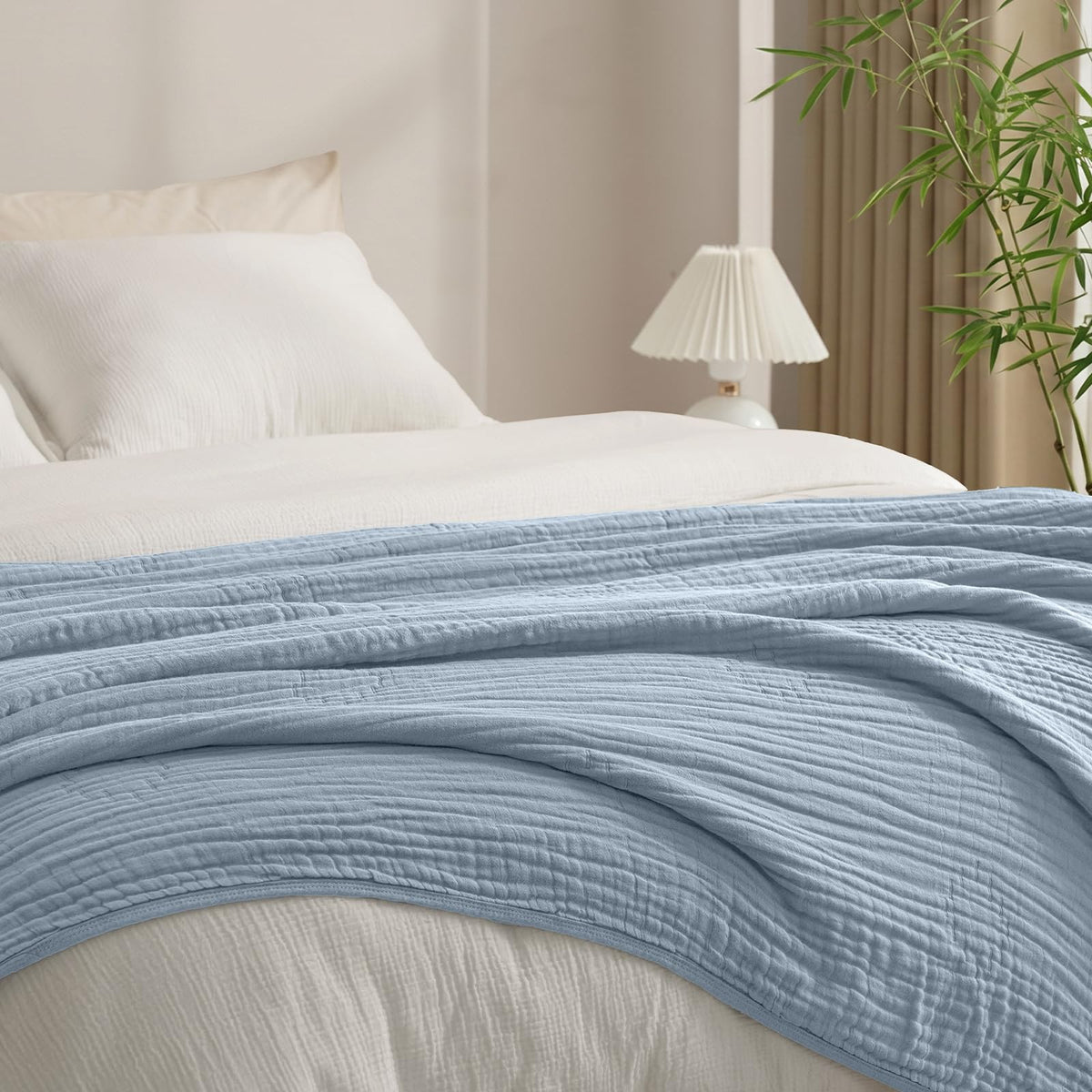 PHF Cooling Muslin Blanket King Size 104"x80", 6-Layer Lightweight Gauze Blanket Made from 35% Rayon Derived from Bamboo & 65% Cotton, Breathable & Ultra Soft Cozy for Hot Sleepers, Cream White