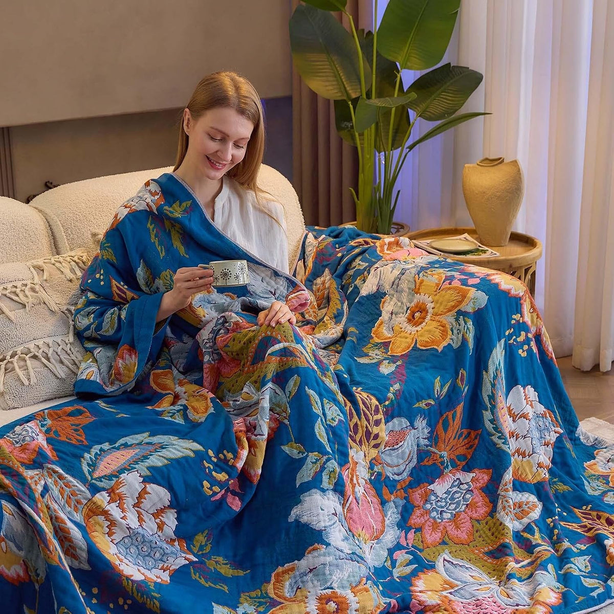 XIBLC Boho Throw Blanket, Blue Lightweight Blankets for Summer, 100% Cotton Bohemian Decorative Throw Blanket, 50"x60" Reversible Muslin Breathable Woven Farmhouse Blankets Quilt,