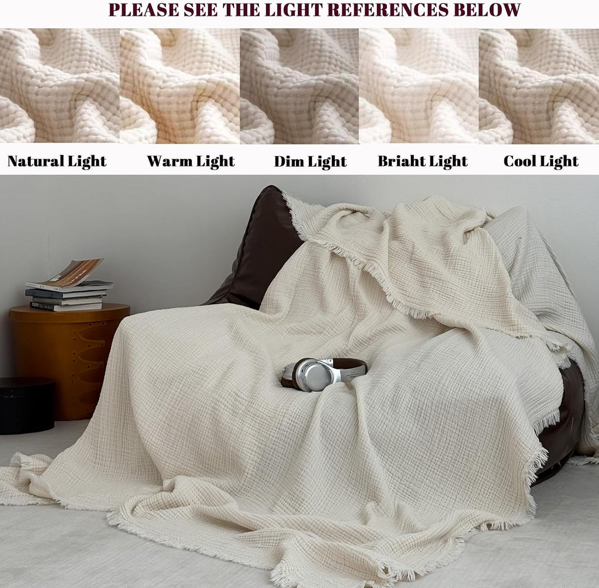 MorroMorn 100% Cotton Muslin Throw Blanket with Fringes 50"x60", 4-Layer Cotton Gauze Blankets for Adults, Boho Bedding Breathable Lightweight Ultra-Soft for Couch Bed Sofa All Seasons, Linen Beige