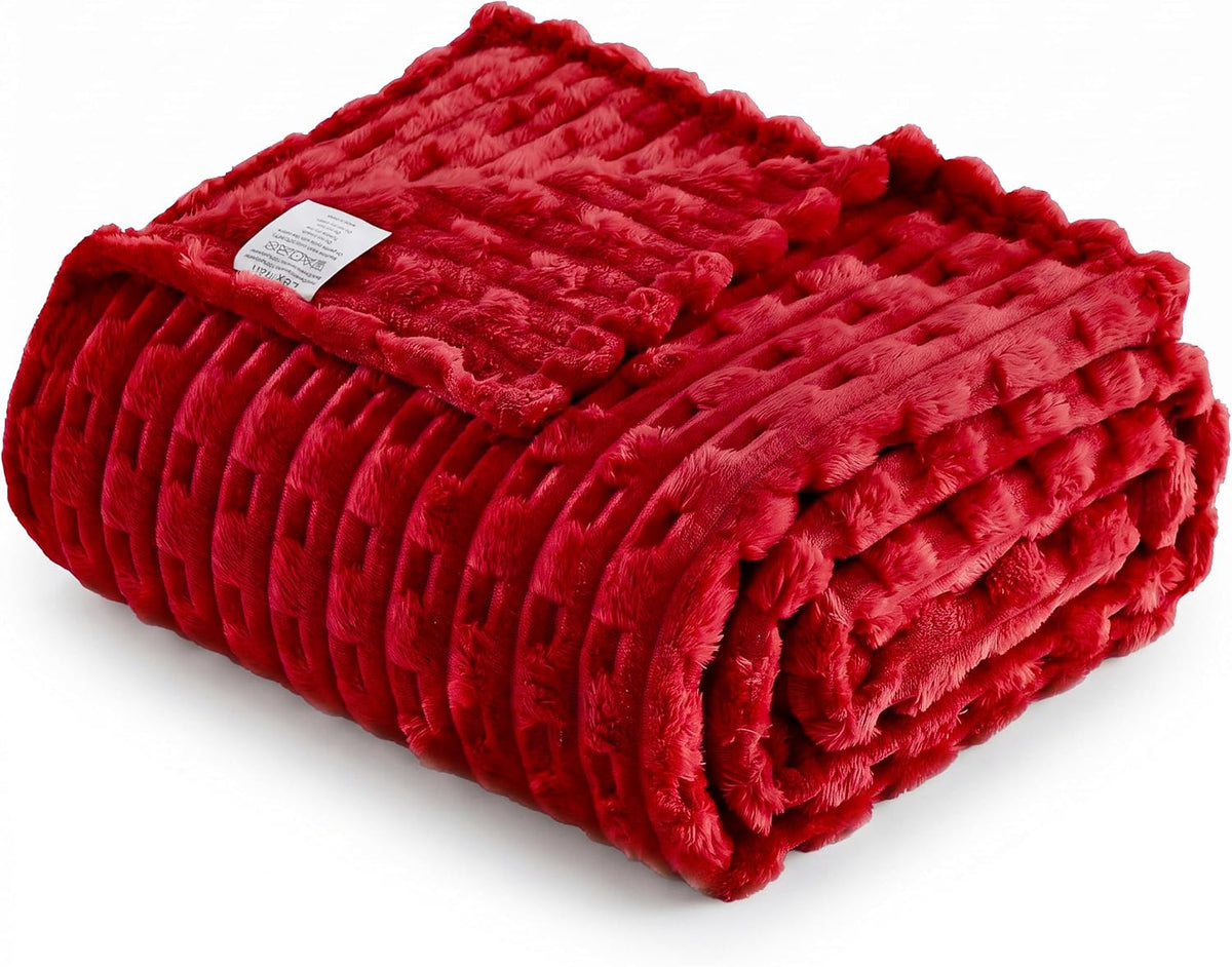 Leximan Ribbed Fleece Throw Blanket, Ultra-Soft Plush Blanket for Sofa, Couch and Bed, Cozy All-Season Home Decor Throw (Red, Twin (60" x 80"))