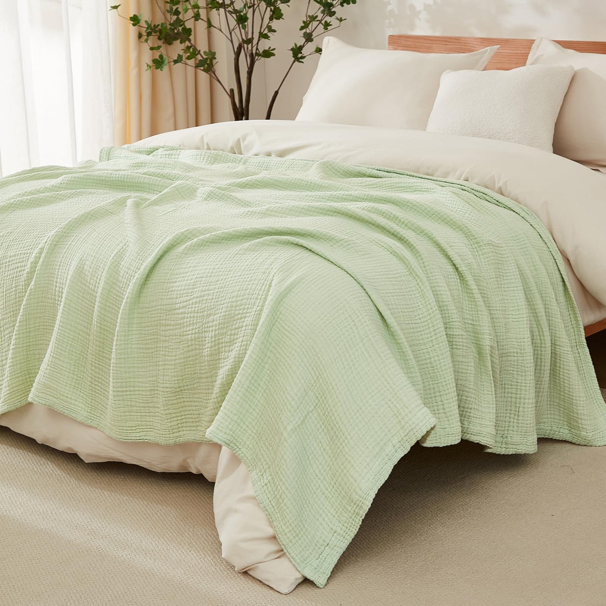 EMME Cotton Blanket King Size for Bed Soft Muslin Blankets 108"x90" Beige Lightweight Breathable Layering Bedspread Coverlet All Season Gauze