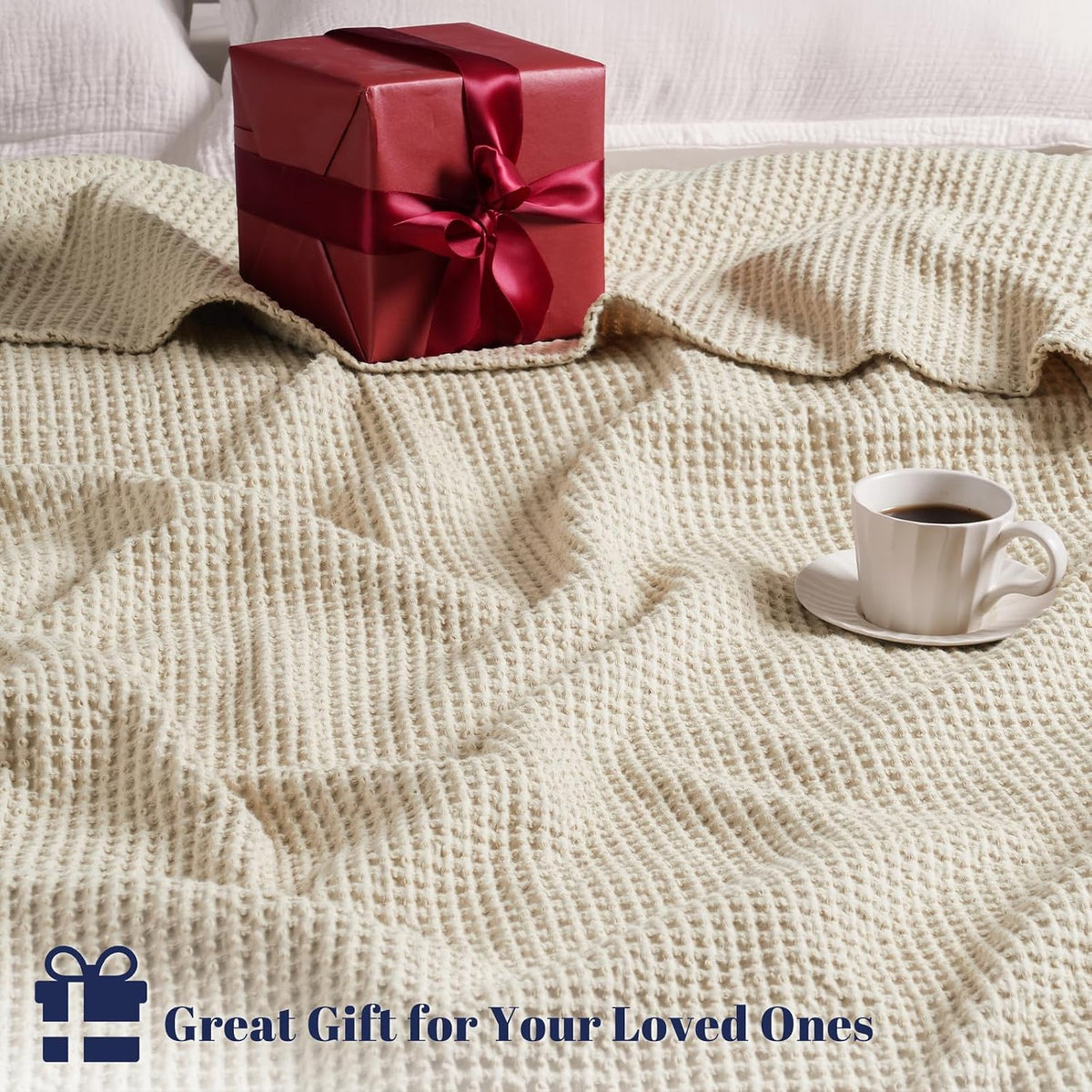 PHF 100% Cotton Waffle Blanket Lightweight Breathable, Queen Linen/Stone
