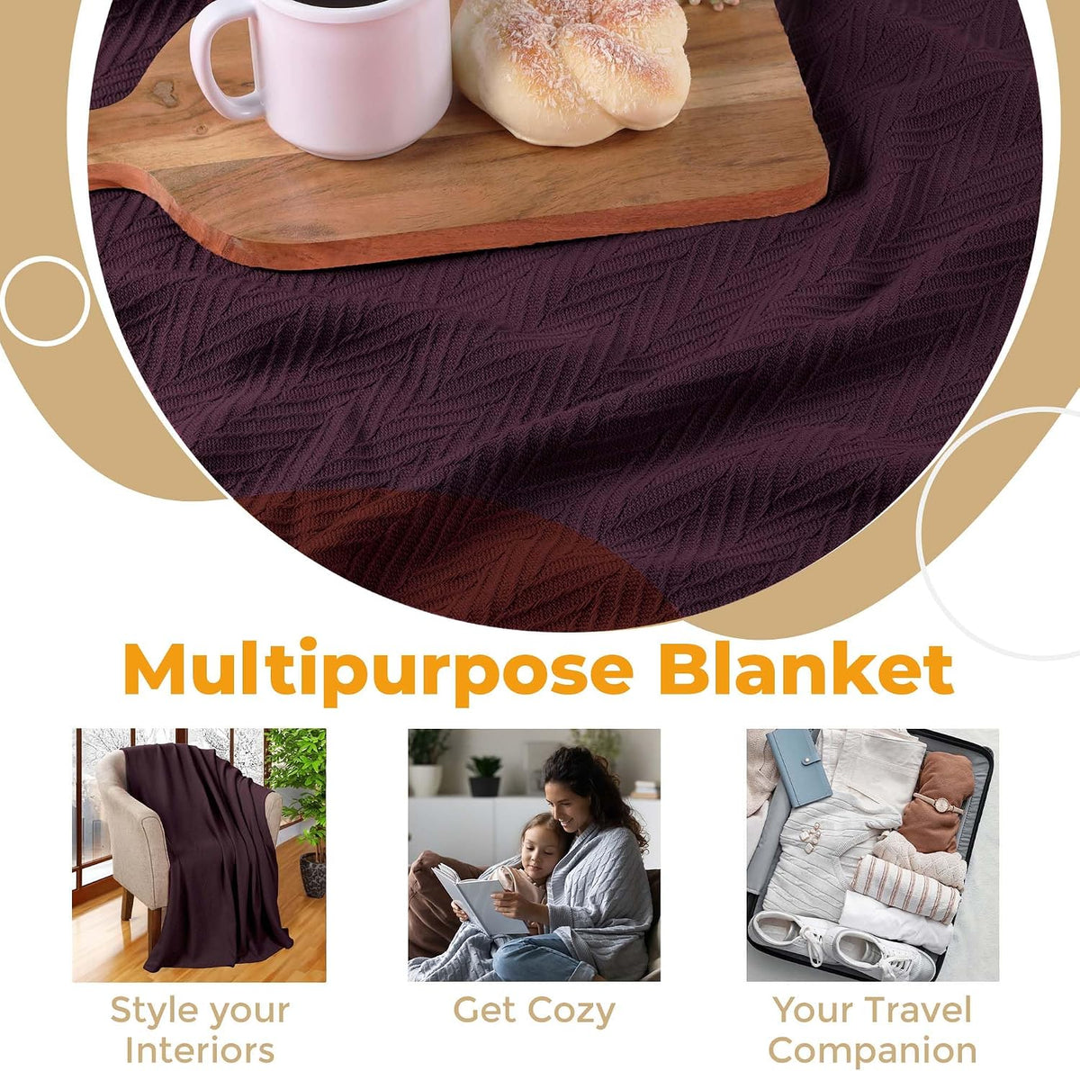 Superior Metro All-Season Cotton Blanket, Woven Blanket for Couch, Bed, Bedding, Farmhouse, Home Essentials, Cute and Cozy Bohemian Blankets, Herringbone Weave, King, Plum