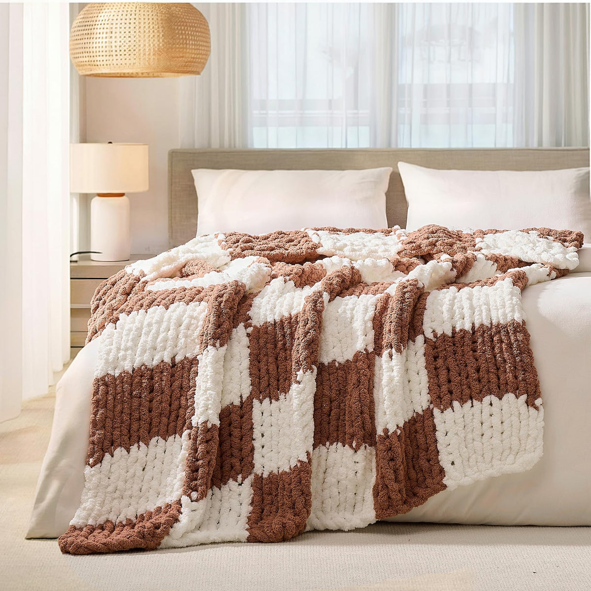 L'AGRATY Chunky Knit Throw Blanket for Couch, 50'' x 60'' Knit Throw, Ivory