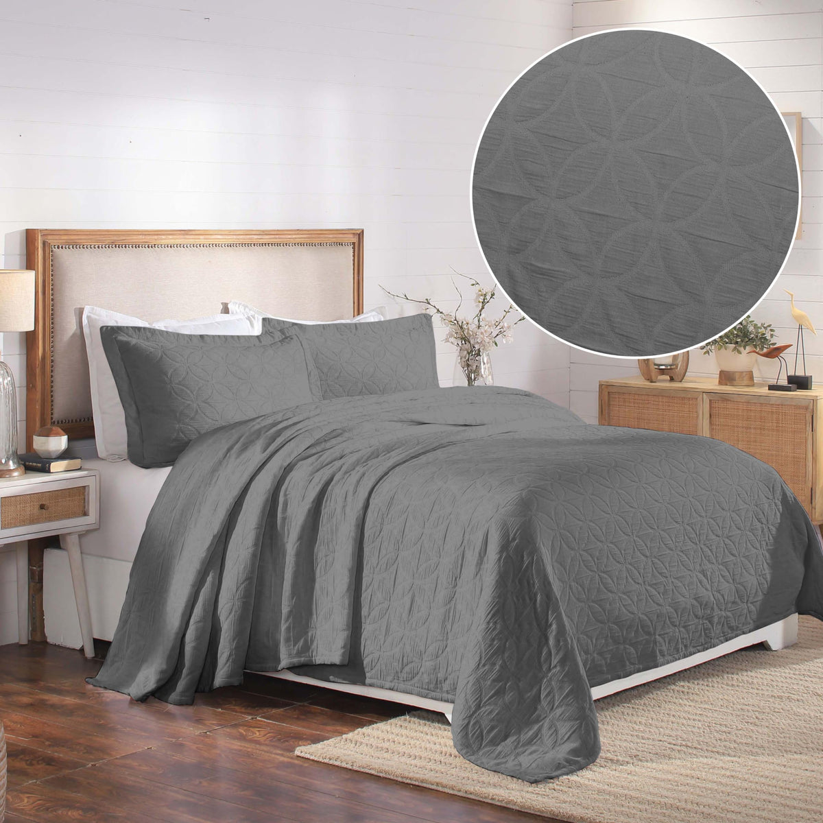 SUPERIOR Cotton 3-Piece Bedspread Set, 1 Medium Weight Bedspread, 2 Pillow Shams, Home Bed Decor, Warm Bedding, Matelasse Woven Oversized Blanket, Geometric Circles, Serenity Collection, King, Linen