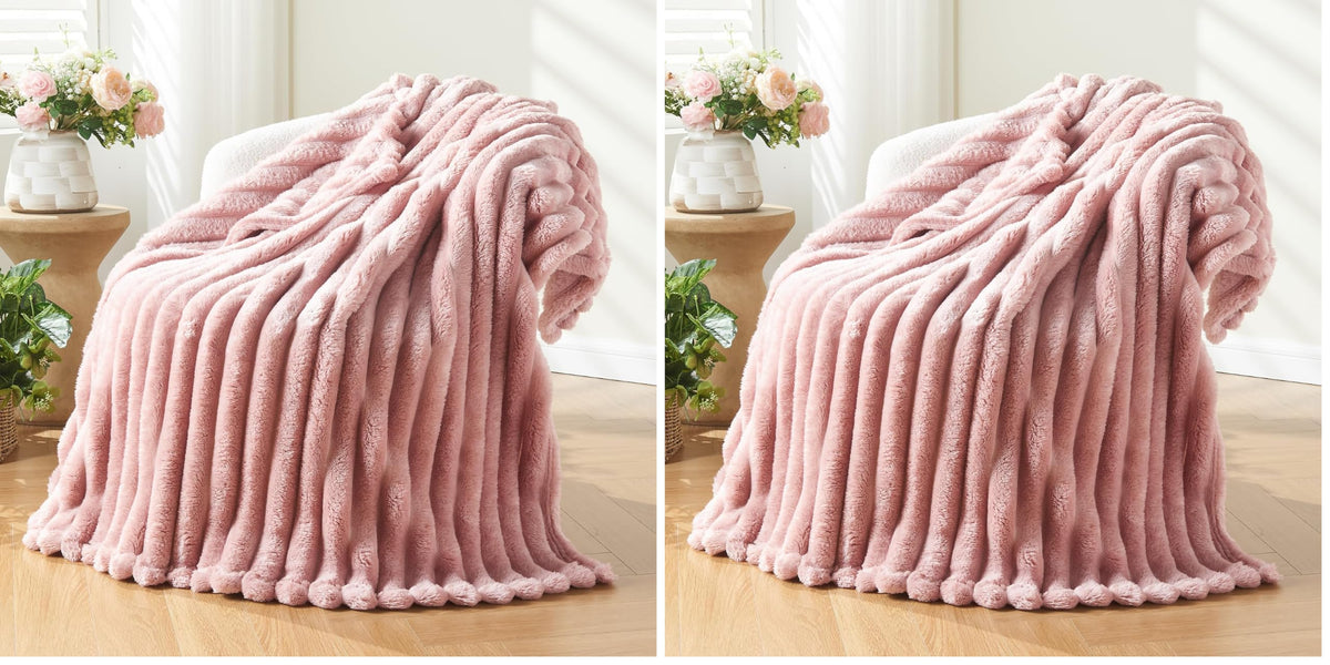 NEWCOSPLAY Fleece Ribbed Cozy Throw Blanket for Couch, Pink, 50"x60"