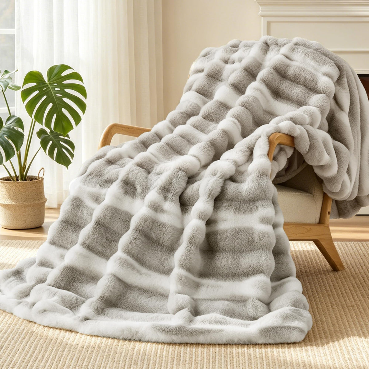 VFROO Plush Faux Rabbit Fur Throw Blanket – 850GSM Thick & Warm, Ultra Soft Fluffy Blanket for Couch, Bed, Sofa, Ideal Gift for Women, 50" × 60", Grey