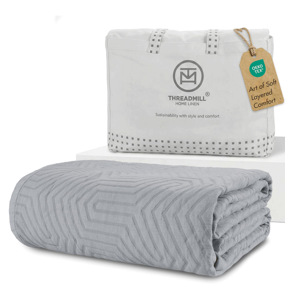Threadmill Luxury Cotton Blankets for King Size Bed | All-Season Cozy 100% Cotton Blanket | Aster Jacquard Soft & Lightweight Coverlet fits California King Size Bed, 104x92 | Scottish Grey