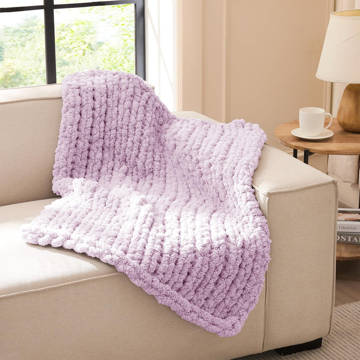 L'AGRATY Chunky Knit Throw Blanket for Couch, 50'' x 60'' Knit Throw, Ivory