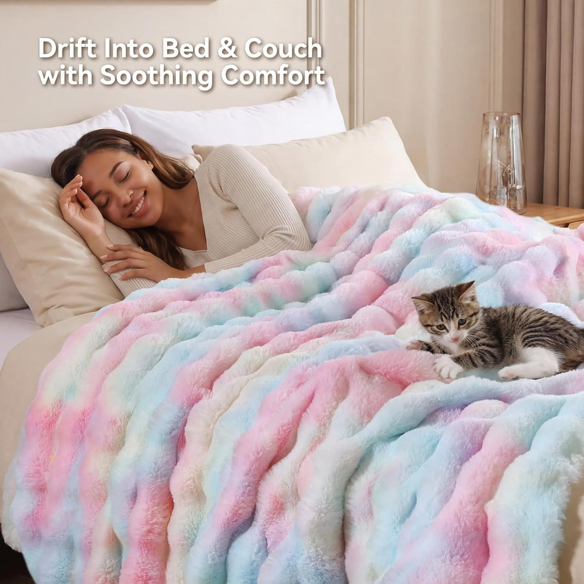 Smoofy Faux Rabbit Fur Throw for Couch - Rainbow Bubble Blanket 50"x60"