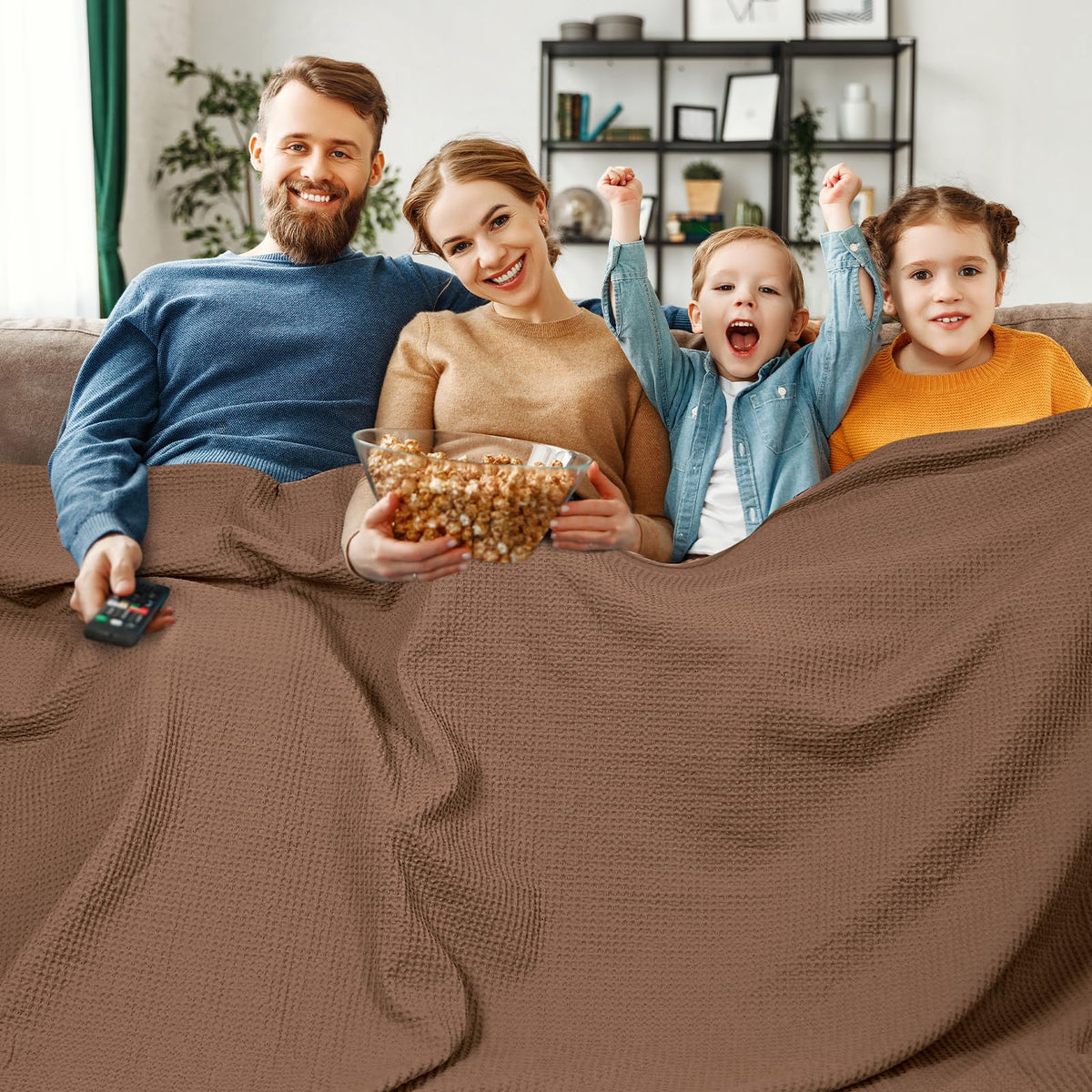 PHF 100% Cotton Waffle Blanket Lightweight Breathable, Queen Linen/Stone