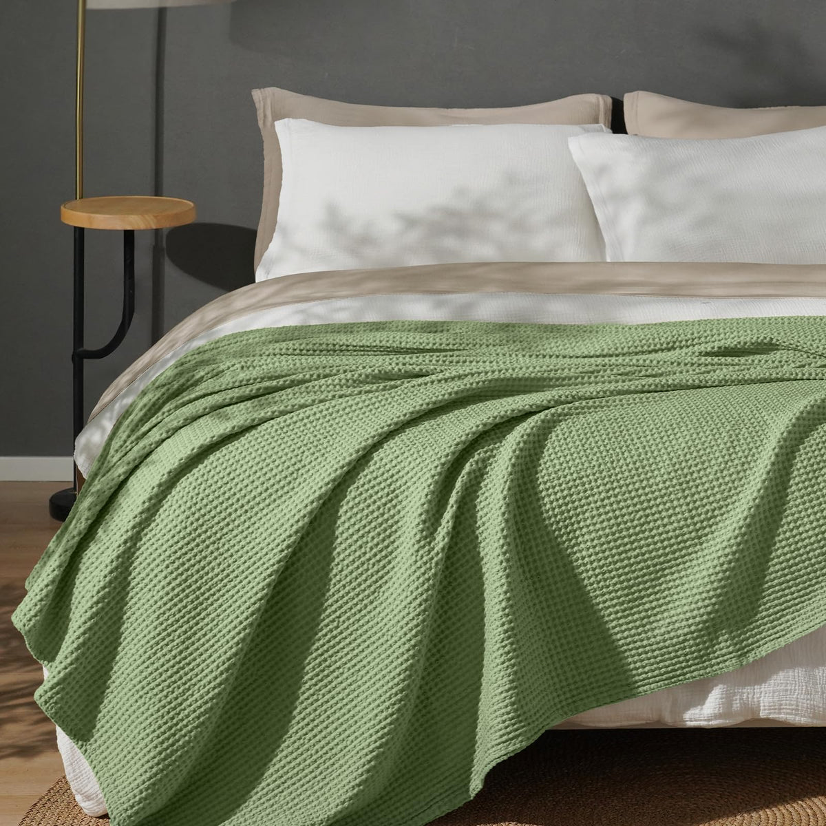 PHF 100% Cotton Waffle Blanket Lightweight Breathable, Queen Linen/Stone