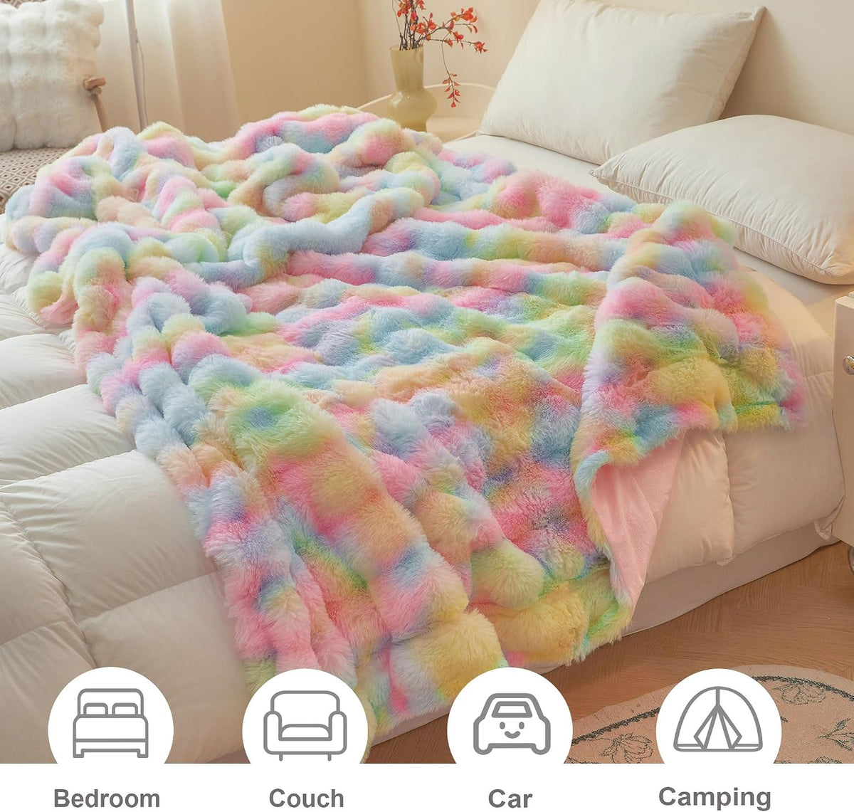 LIFEREVO Luxury Fluffy Faux Rabbit Fur Throw Blanket 50x60, Rainbow