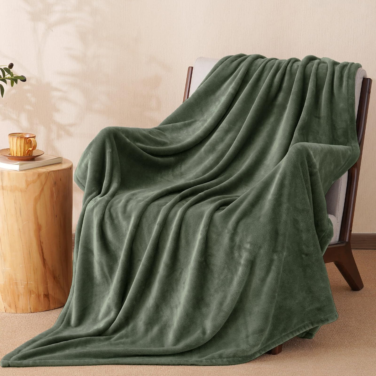 PHF Fleece Blanket Queen Size 90x90-300GSM Lightweight Airy Warmth, Khaki