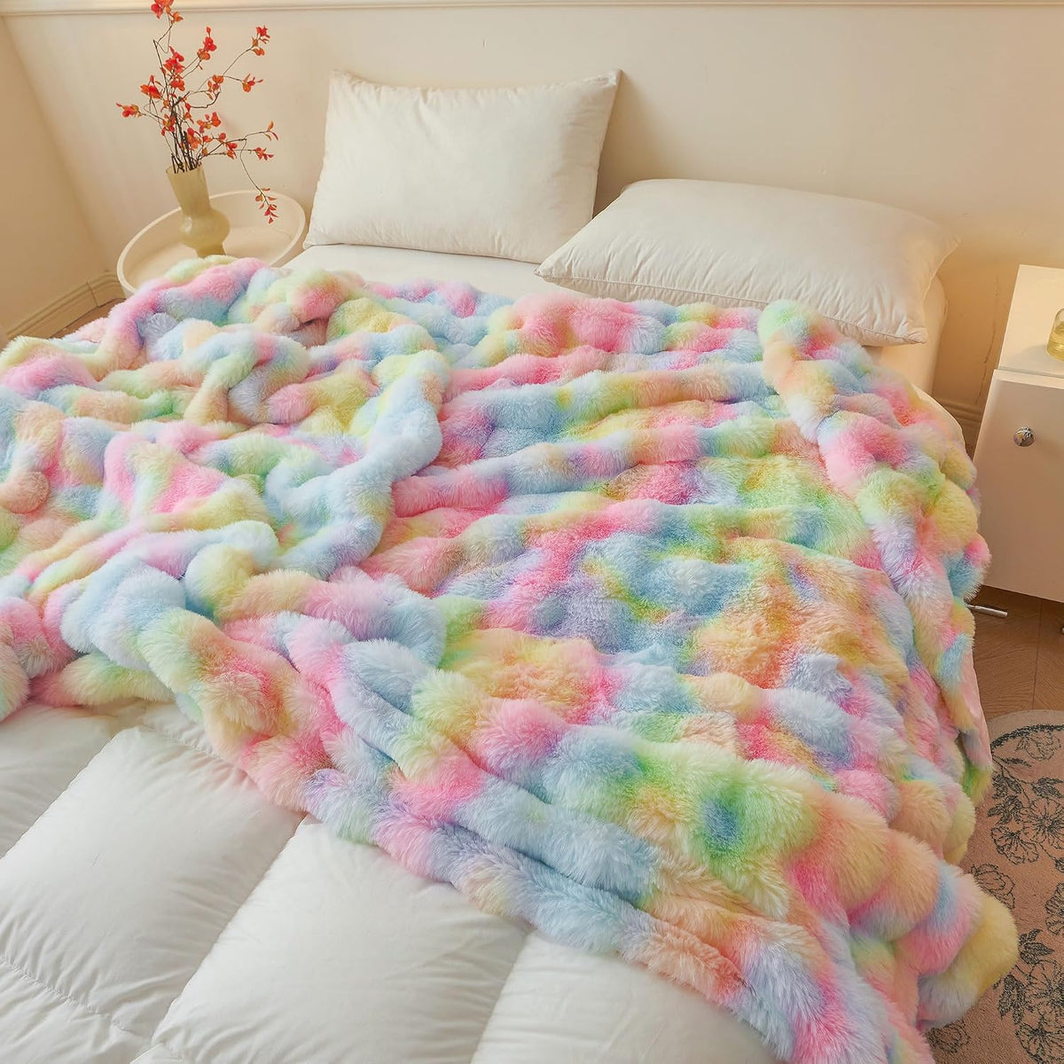 LIFEREVO Luxury Fluffy Faux Rabbit Fur Throw Blanket 50x60, Rainbow