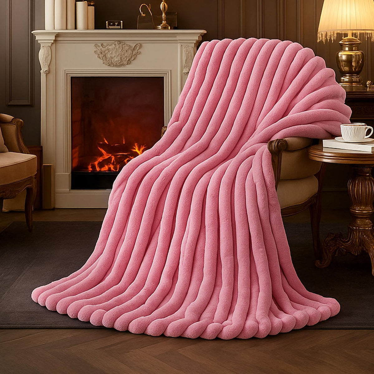 Amélie Home Soft Striped Faux Fur Throw Blanket for Couch, Ivory, 55"x70"