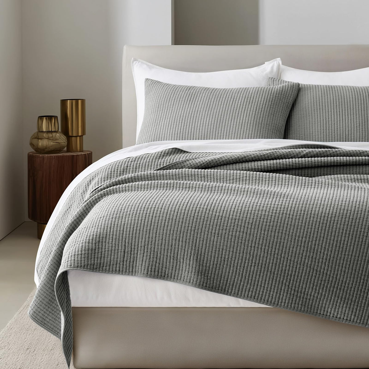 EVERGRACEHOME Cotton Ribbed Matelassé Coverlet Set, Queen Size, Ivory White