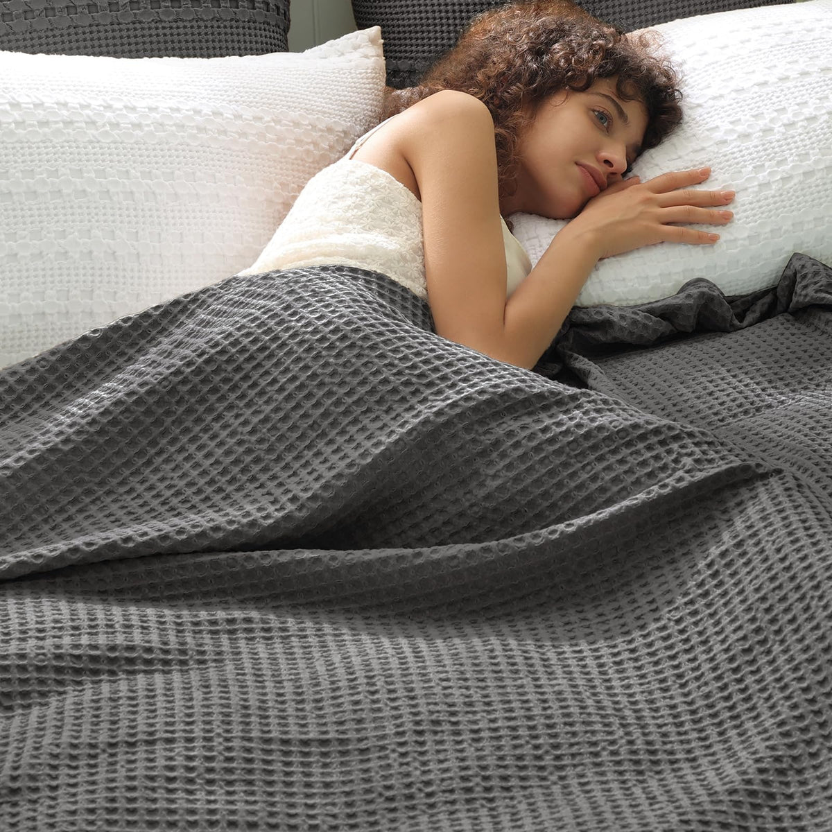 PHF Ultra Soft Waffle Weave Blanket for Bed, Queen Size, Light Khaki/Linen