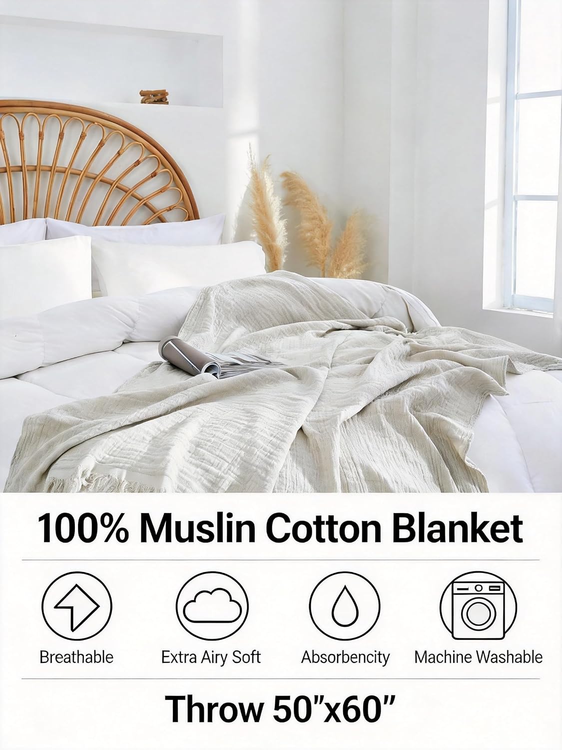 100% Cotton Muslin Throw Blanket for Bed, Couch, Small, Decorative, Soft, Pre-Washed, Breathable and Lightweight Gauze Blanket with Fringes(Linen Grey, 50"x60")