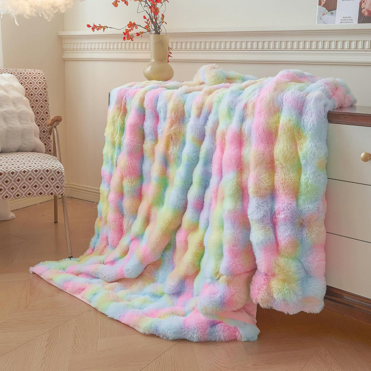 LIFEREVO Luxury Fluffy Faux Rabbit Fur Throw Blanket 50x60, Rainbow