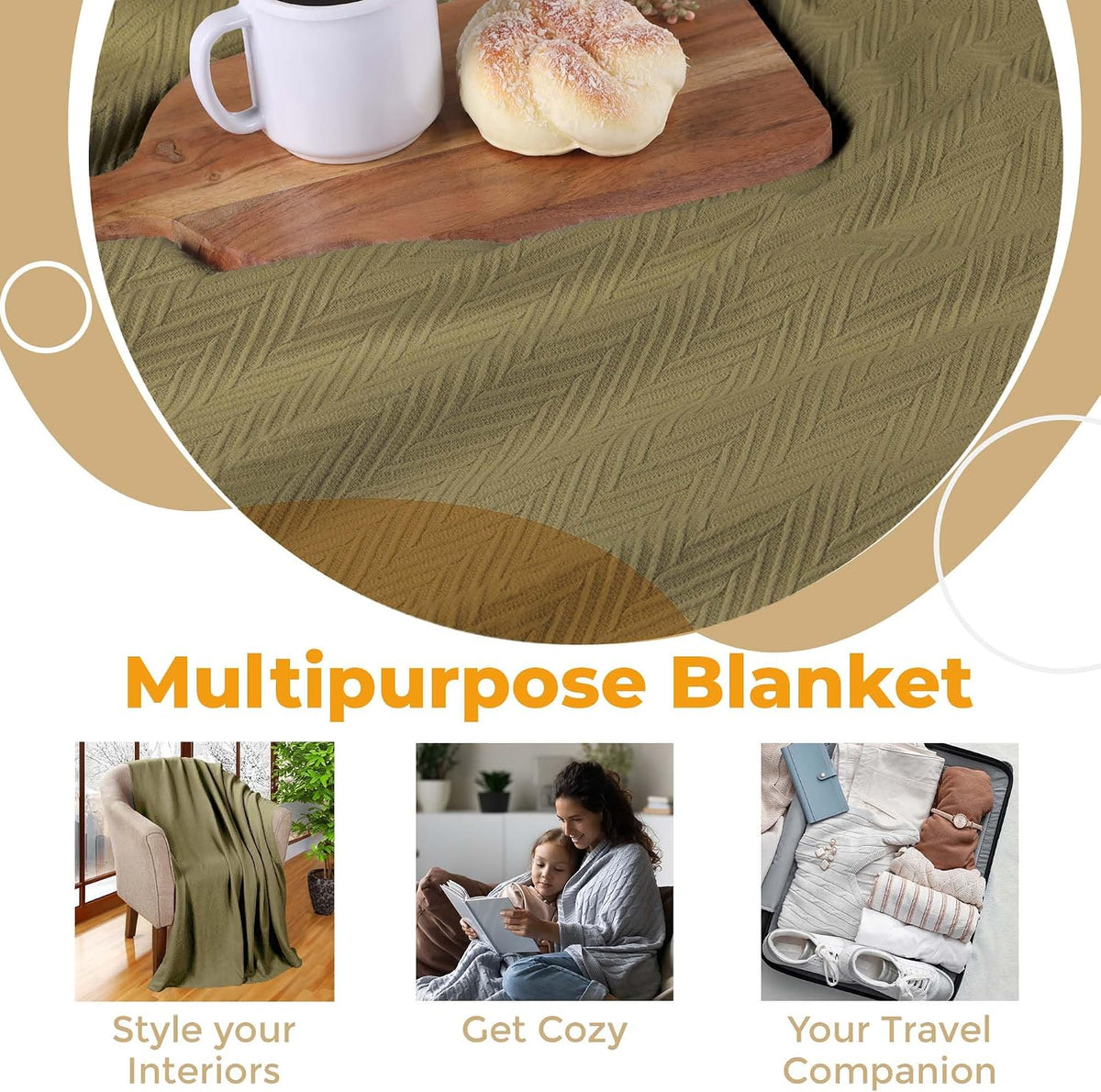 Superior Metro All-Season Cotton Blanket, Woven Blanket for Couch, Bed, Bedding, Farmhouse, Home Essentials, Cute and Cozy Bohemian Blankets, Herringbone Weave, California King, Sage