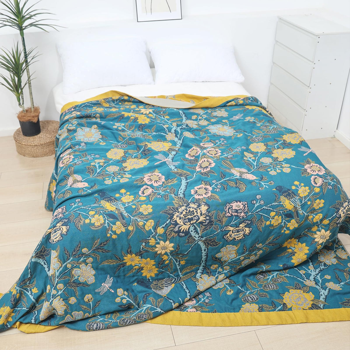 Snycler Boho Throw Blanket for Bed, 100% Organic Cotton Muslin Soft Throw-Floral Bird Farmhouse Rustic Spring Summer Fall Decor Blanket for Couch Sofa Quilt and Gift, 60" x 80" Orange