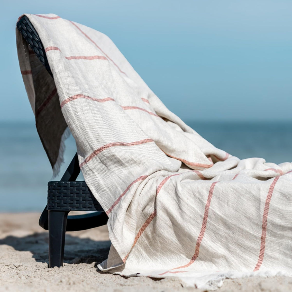 Eden 100% Linen Blanket – Premium European Woven Throw – Extra Large 45x78 in – Multi-Purpose Beach Towel, Sofa Throw, Summer Blanket – Lightweight, Softened, Striped – Made in Europe (Ecru/Brown)