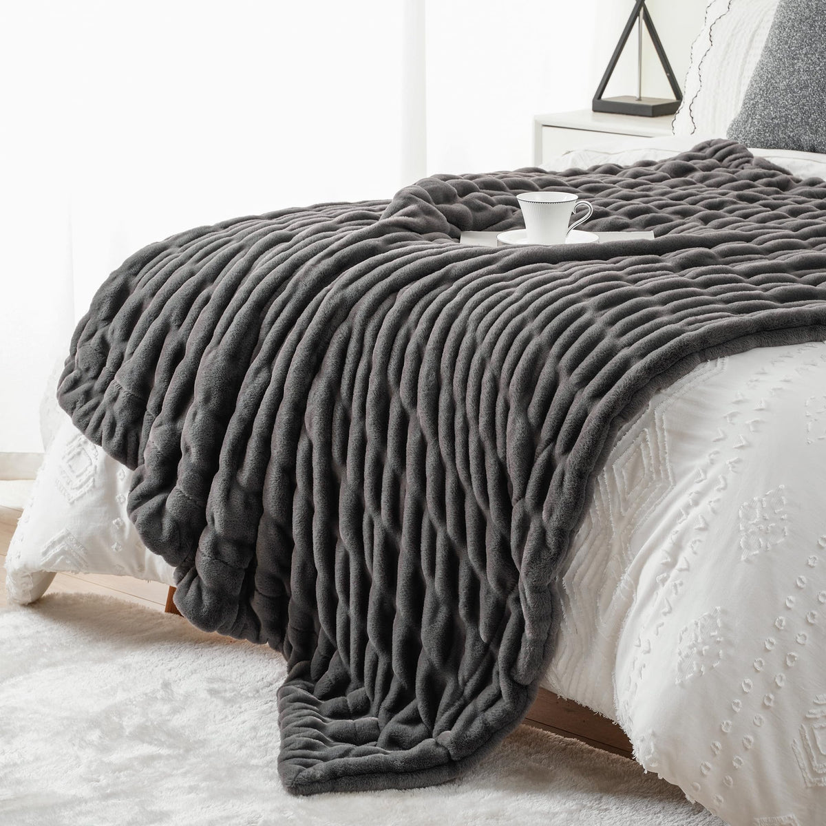 BATTILO Soft Ivory Faux Fur Throw Blanket for Couch, 50"x60", Double Side