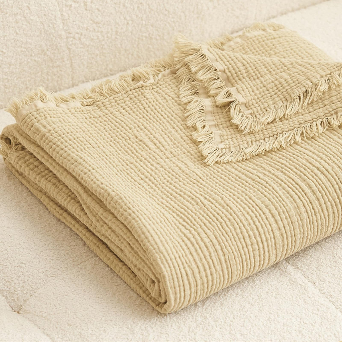 MorroMorn 100% Cotton Muslin Throw Blanket with Fringes 50"x60", 4-Layer Cotton Gauze Blankets for Adults, Boho Bedding Breathable Lightweight Ultra-Soft for Couch Bed Sofa All Seasons, Linen Beige