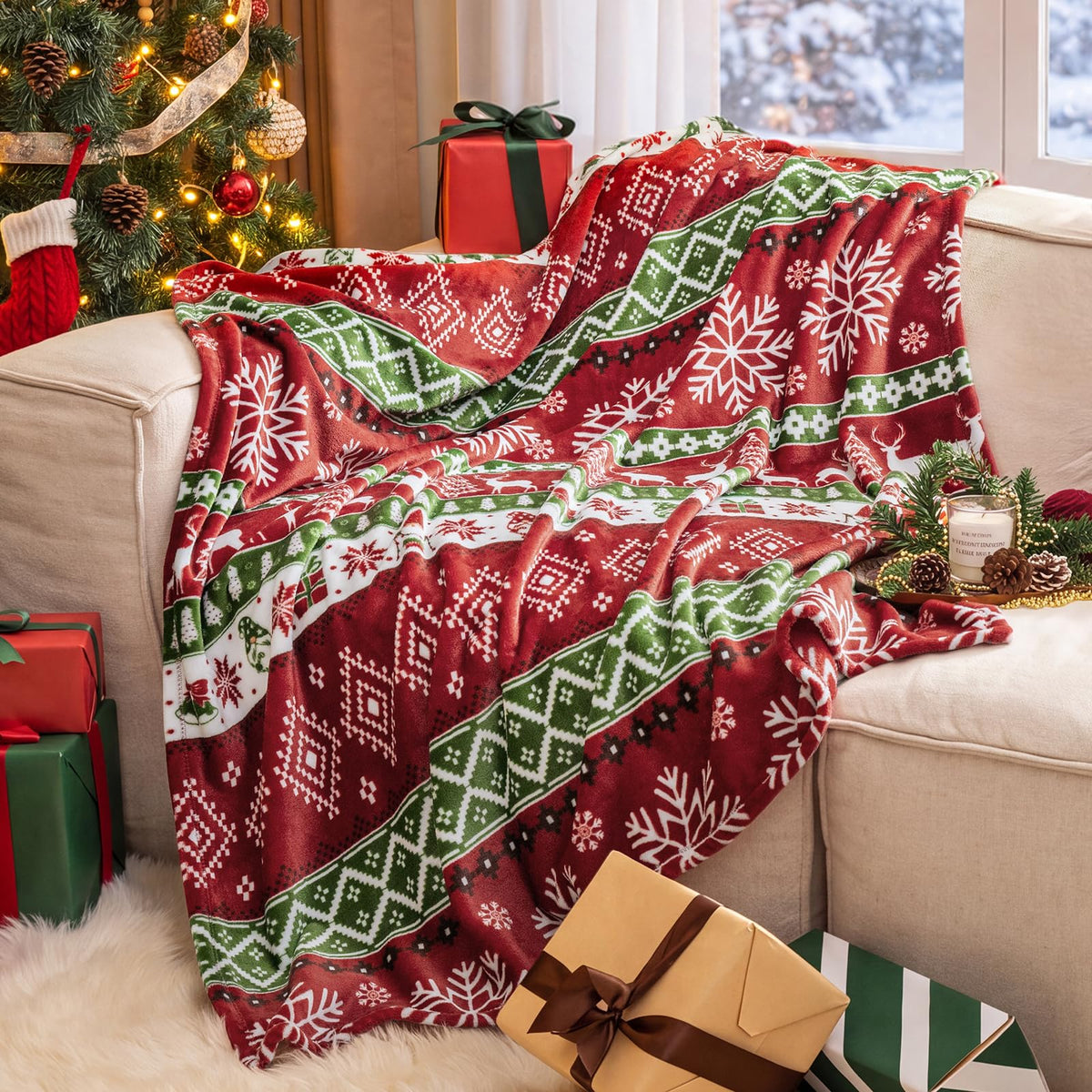PHF Fleece Blanket Queen Size 90x90-300GSM Lightweight Airy Warmth, Khaki
