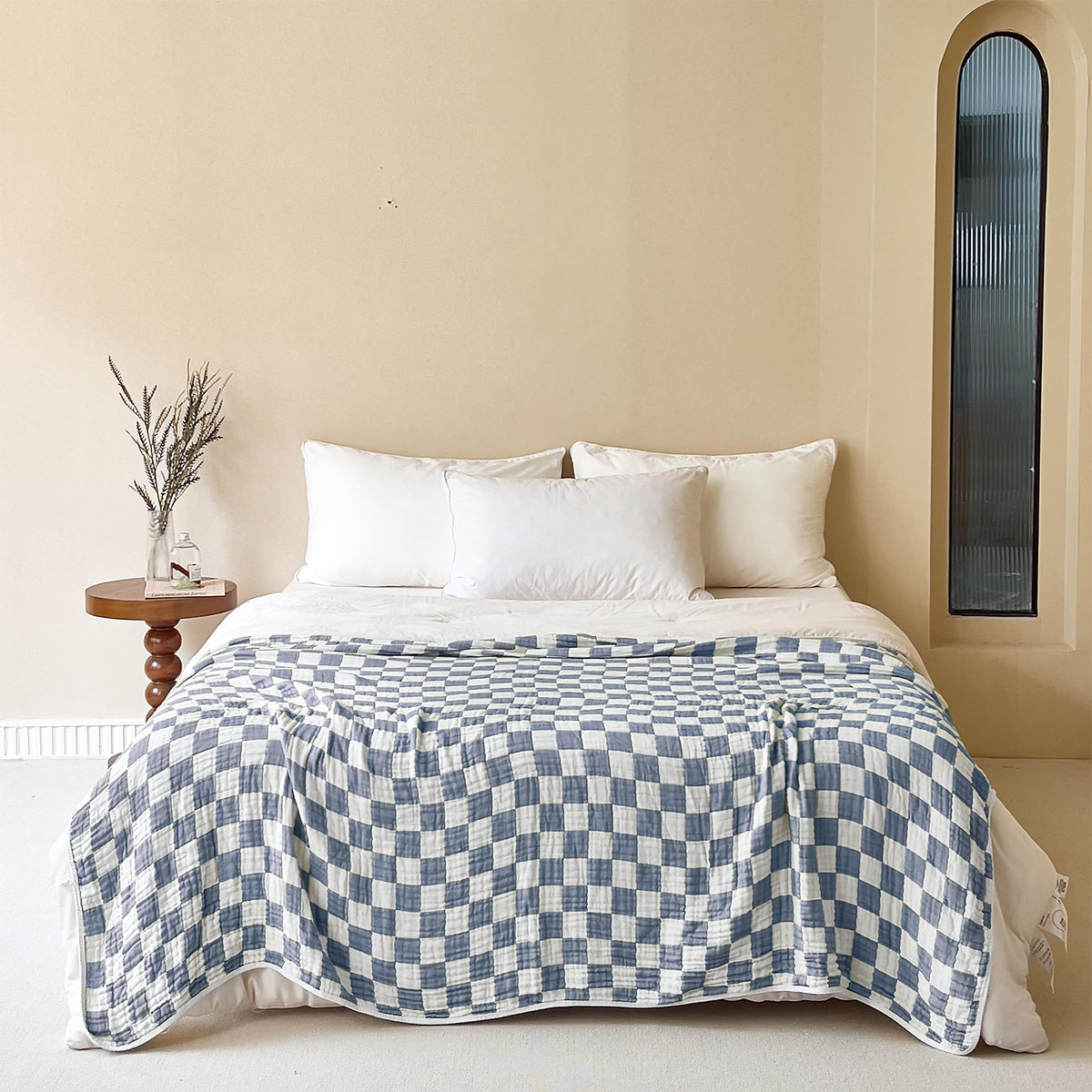 SANACYNA Cotton Muslin Throw Blanket for Adults 6-Layer Gauze Checkerboard