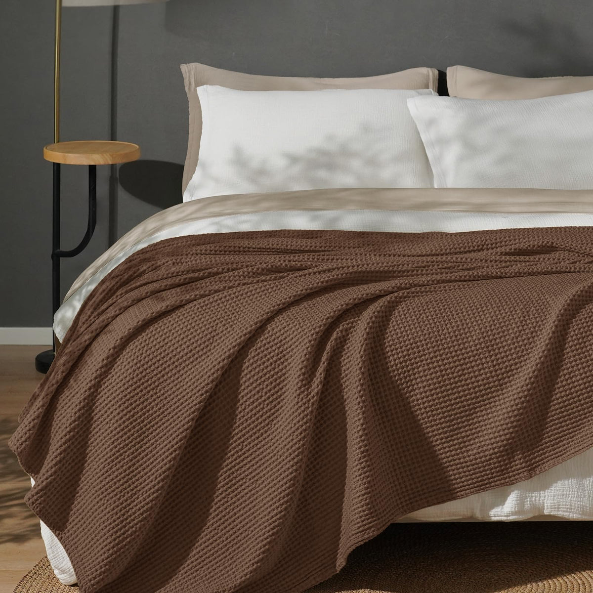 PHF 100% Cotton Waffle Blanket Lightweight Breathable, Queen Linen/Stone