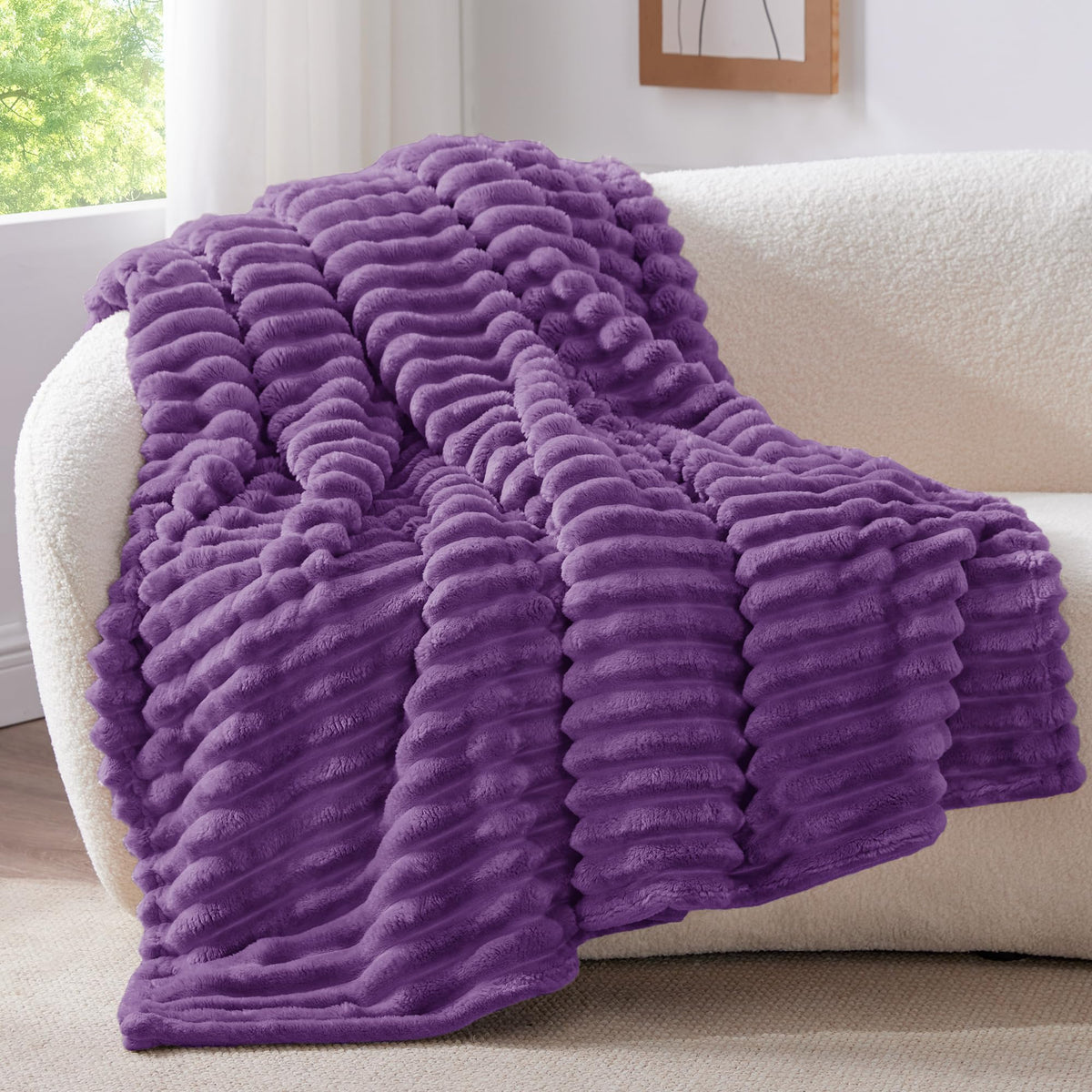 BEDELITE Ribbed Fleece Throw Blanket for Couch, Cream, 50"x60"