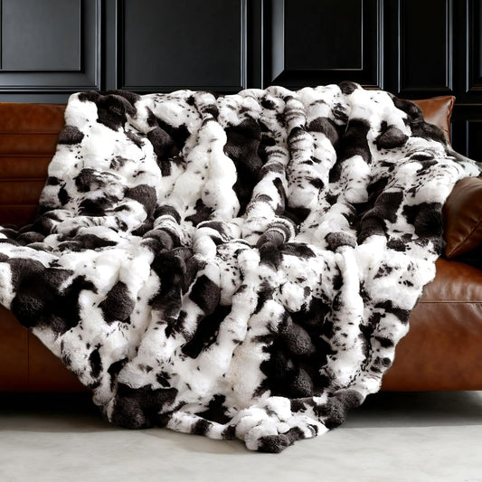 VFROO Ultra Plush Bubble Faux Rabbit Fur Blanket – 950GSM Thick Fluffy Throw Blanket for Bed, Couch, Sofa, Home Decor or Mothers Day Birthday Gifts for Women, 50" × 60", Black Cow