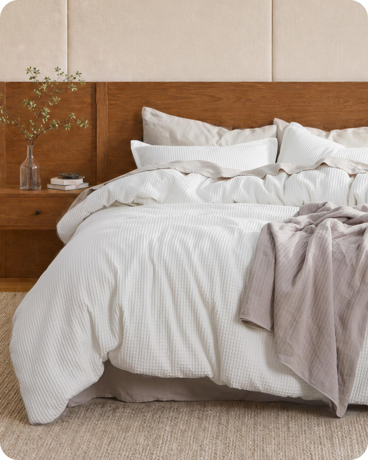 Bedsure PureWoven 3 Pieces 100% Cotton Waffle Duvet Cover Set, Queen, Linen