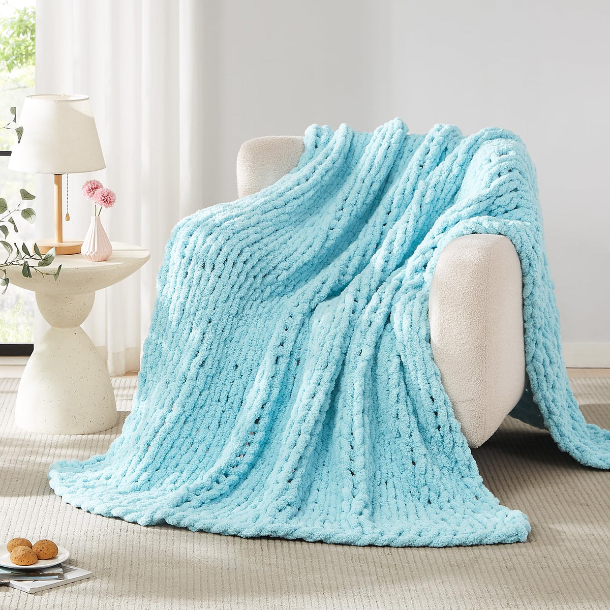 L'AGRATY Chunky Knit Throw Blanket for Couch, 50'' x 60'' Knit Throw, Ivory