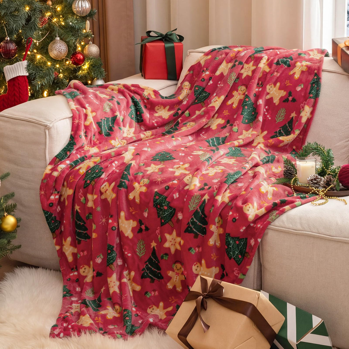 PHF Fleece Blanket Queen Size 90x90-300GSM Lightweight Airy Warmth, Khaki