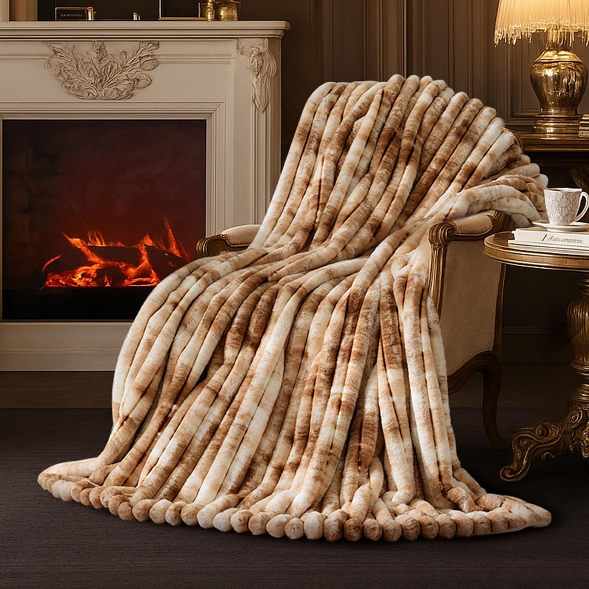 Amélie Home Soft Striped Faux Fur Throw Blanket for Couch, Ivory, 55"x70"