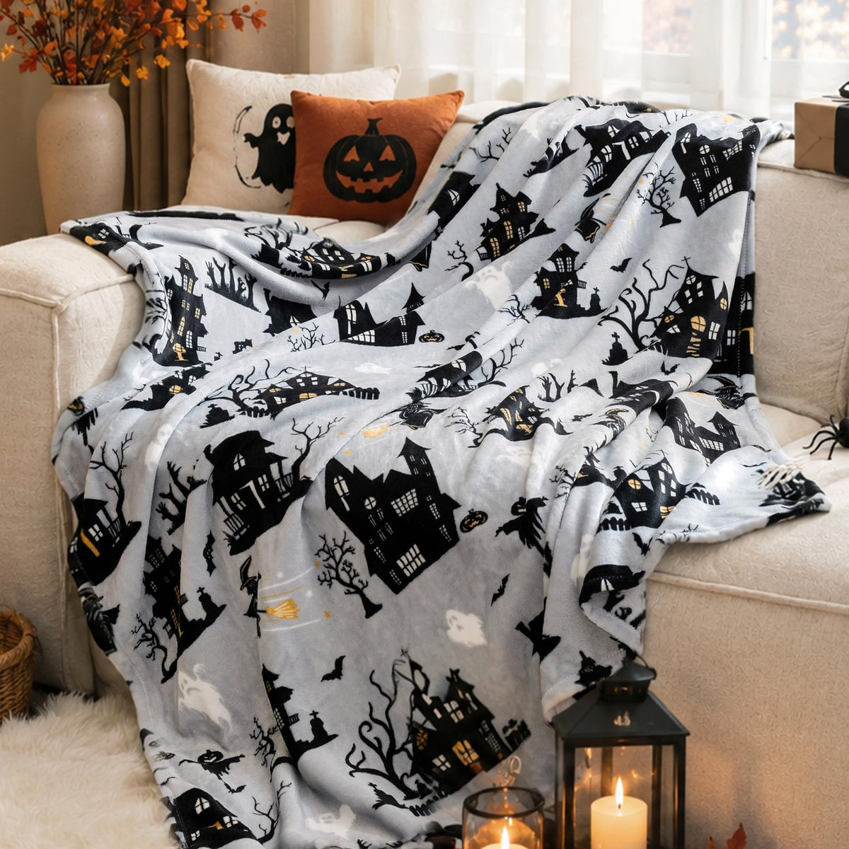 PHF Fleece Blanket Queen Size 90x90-300GSM Lightweight Airy Warmth, Khaki