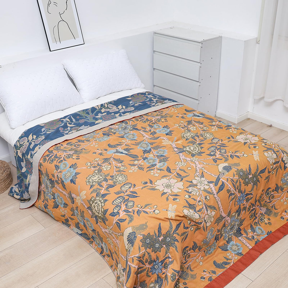 Snycler Boho Throw Blanket for Bed, 100% Organic Cotton Muslin Soft Throw-Floral Bird Farmhouse Rustic Spring Summer Fall Decor Blanket for Couch Sofa Quilt and Gift, 60" x 80" Orange